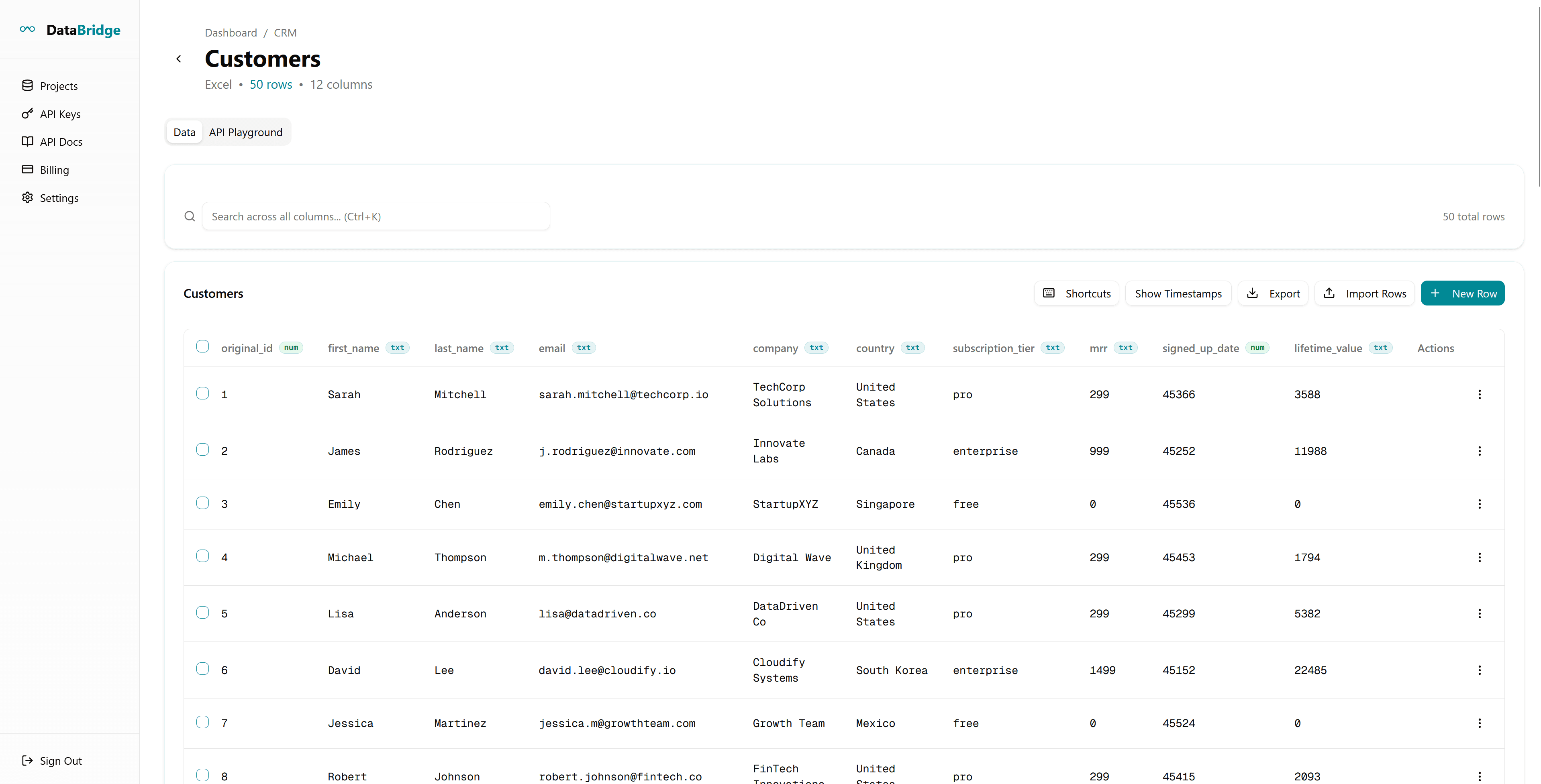 DataBridge data management interface showing table viewer with search, pagination, and CRUD operations