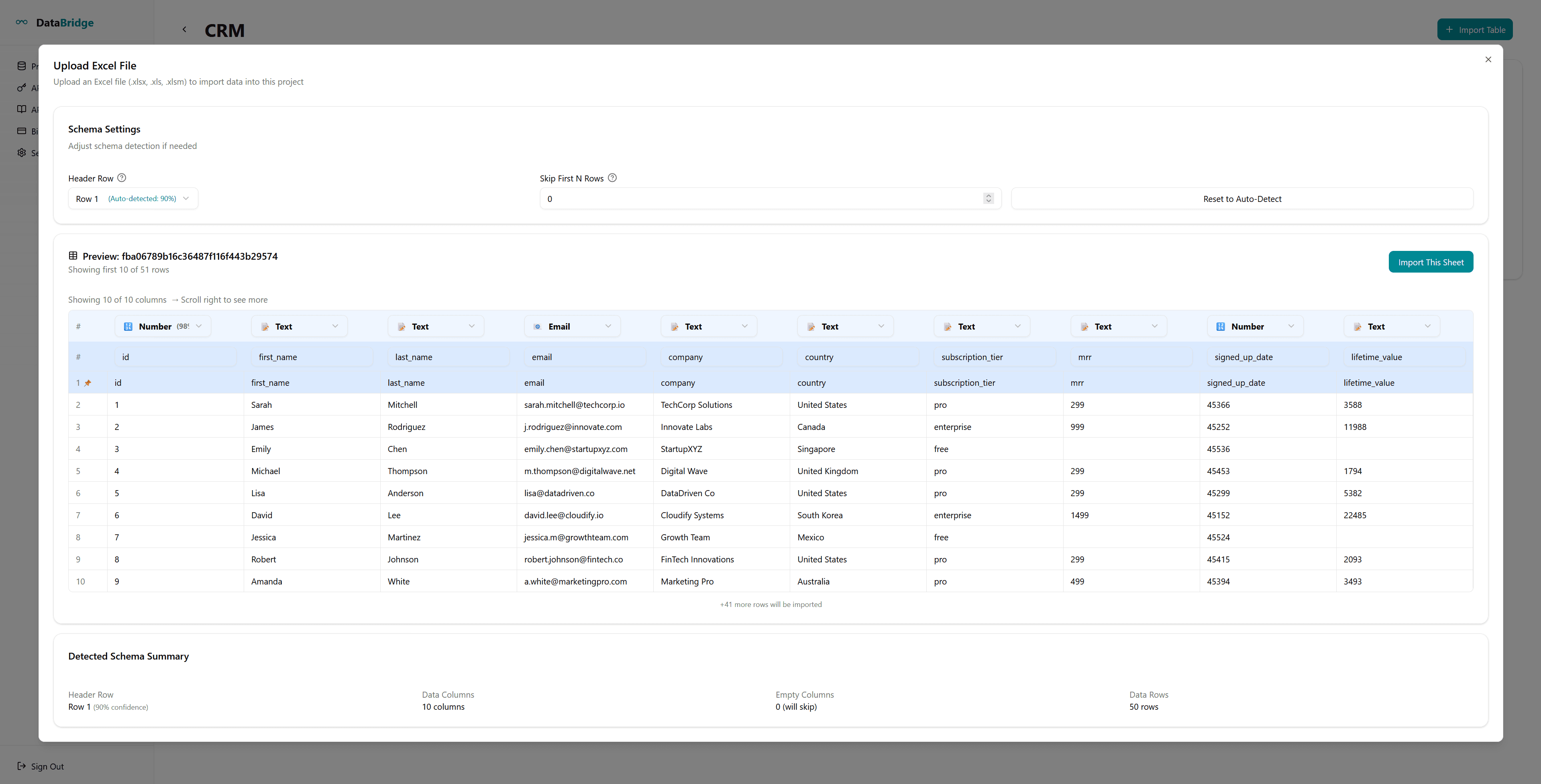 DataBridge schema preview showing automatic column type detection with confidence scores