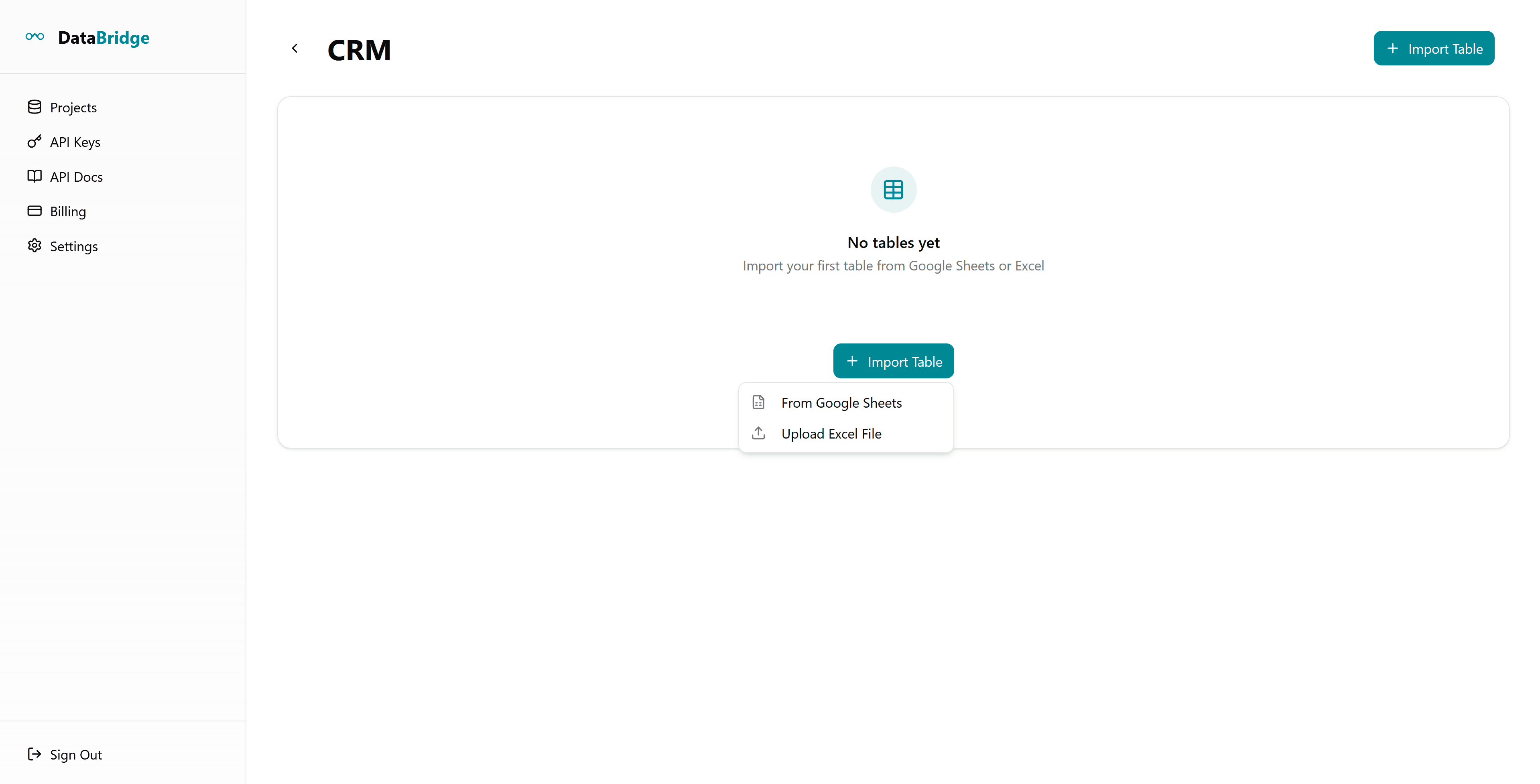DataBridge upload interface showing drag-and-drop file upload with support for Excel and Google Sheets